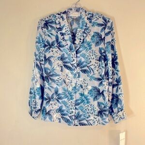 NWT. Four Seasons 14 Floral 100% Silk  Ruffle Collar Button Down Shirt.